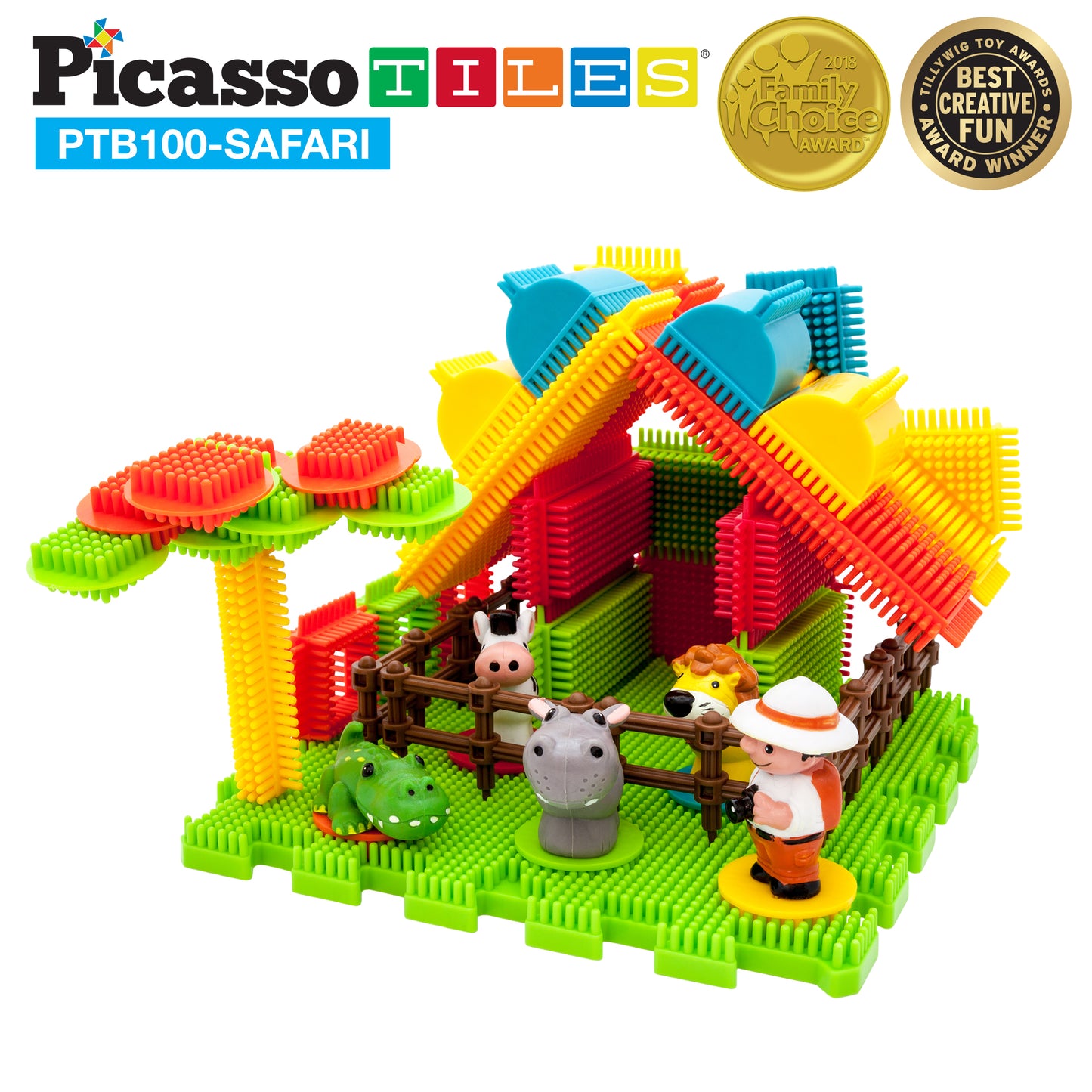 PicassoTiles Safari Theme Bristle Lock Hedgehog Building Block 100pc Set