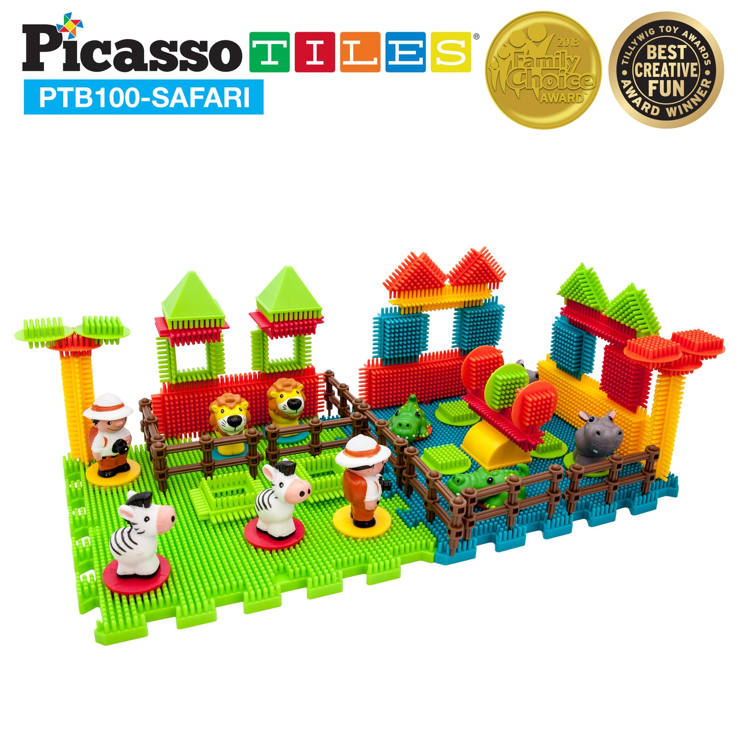 PicassoTiles Safari Theme Bristle Lock Hedgehog Building Block 100pc Set