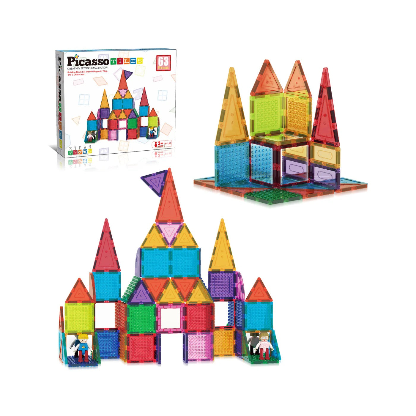 PicassoTiles Magnetic Tile Brick Blocks 63 Piece Set