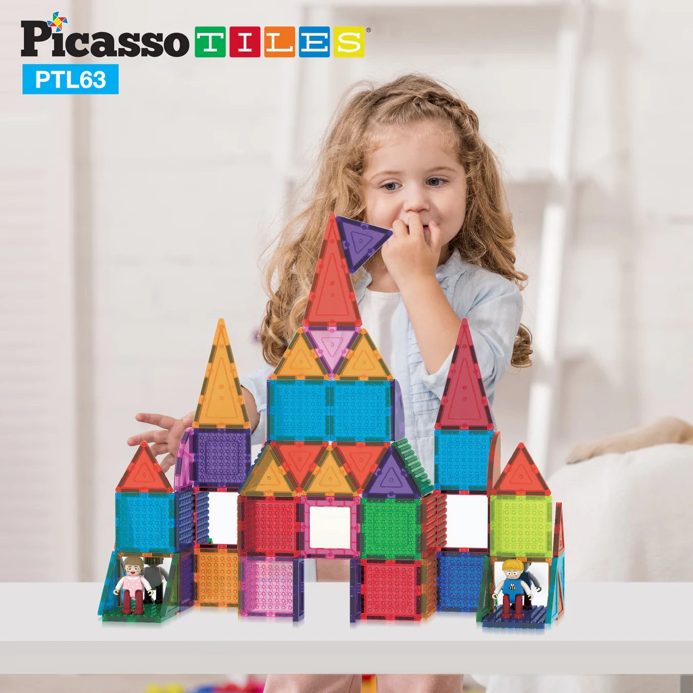 PicassoTiles Magnetic Tile Brick Blocks 63 Piece Set