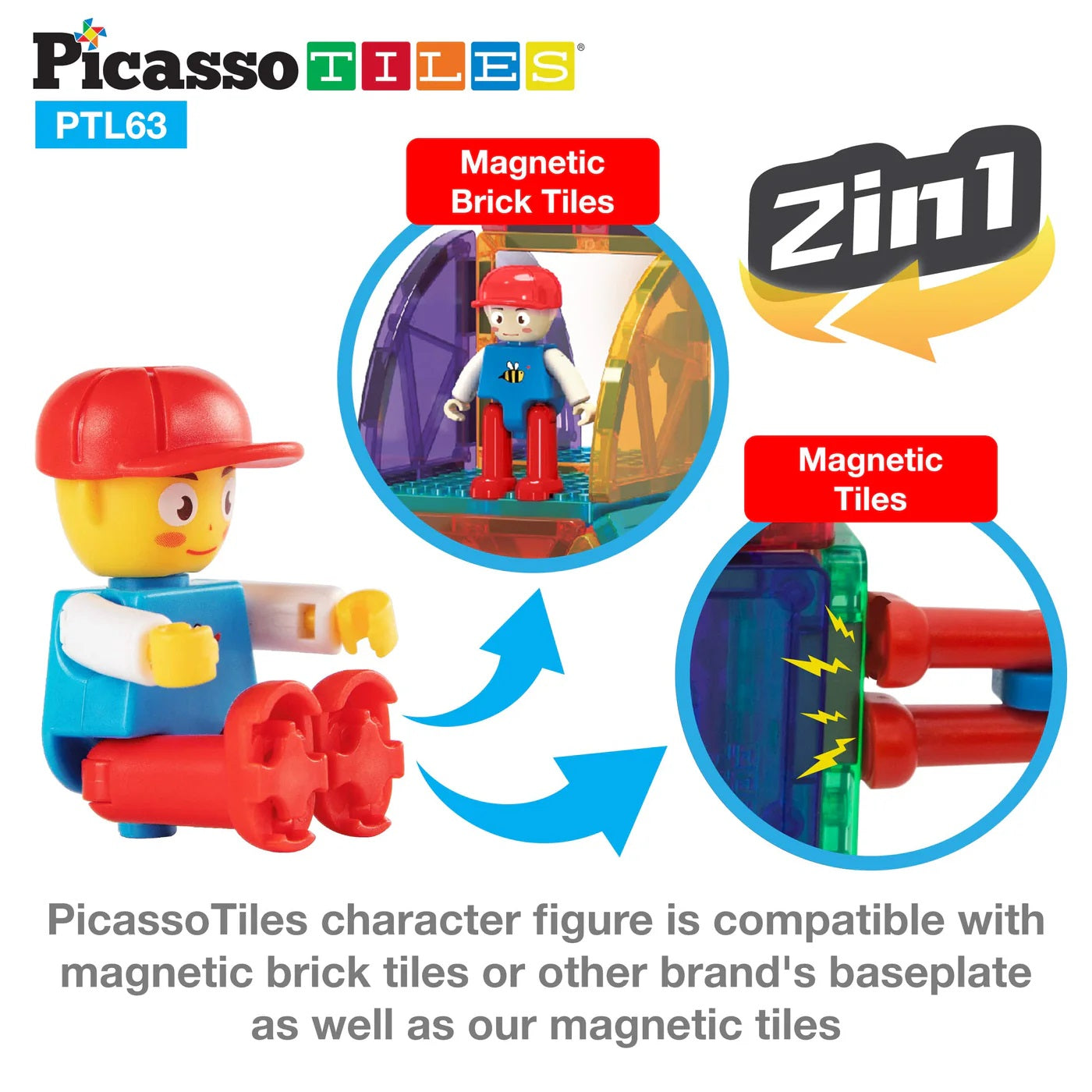 PicassoTiles Magnetic Tile Brick Blocks 63 Piece Set