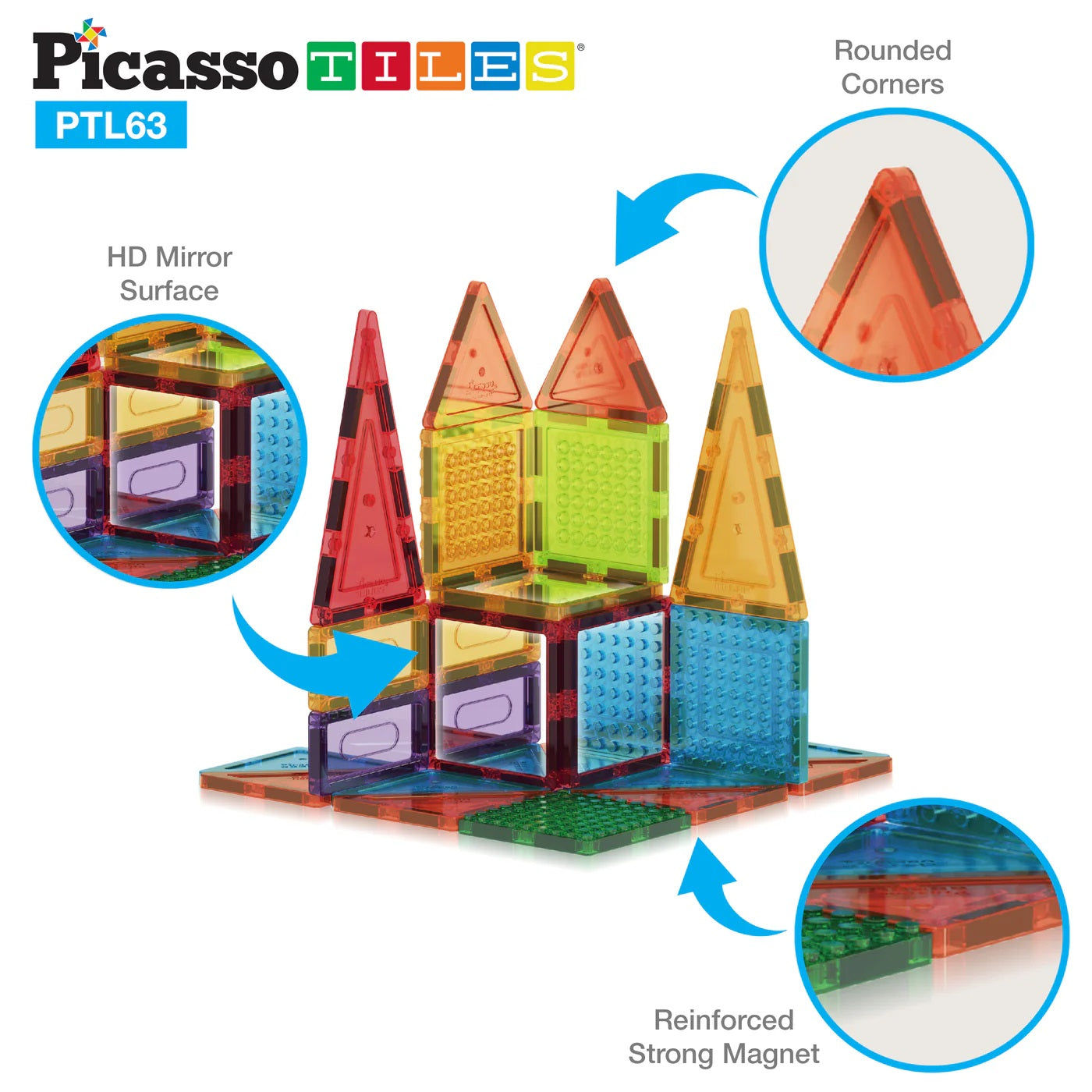 PicassoTiles Magnetic Tile Brick Blocks 63 Piece Set