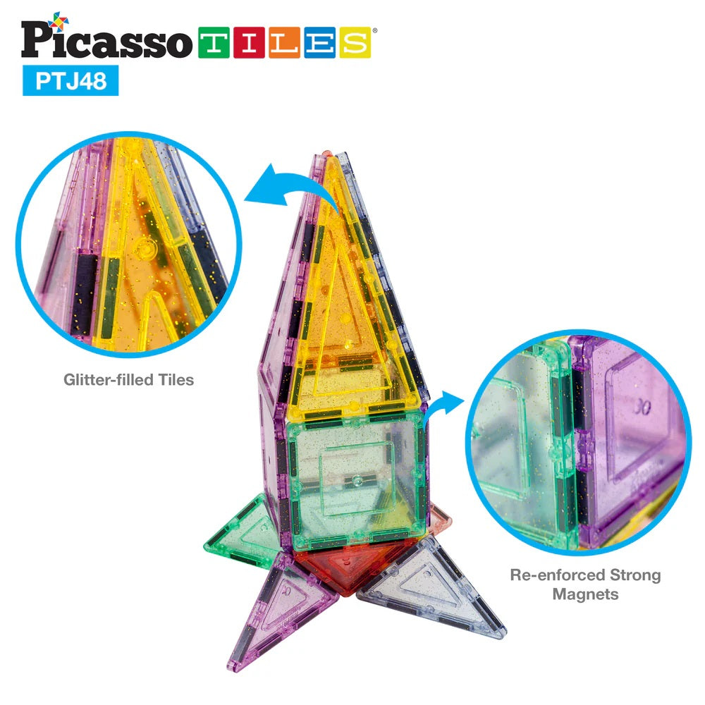 PicassoTiles Glitter Magnetic Tiles Building Set 48 Pieces
