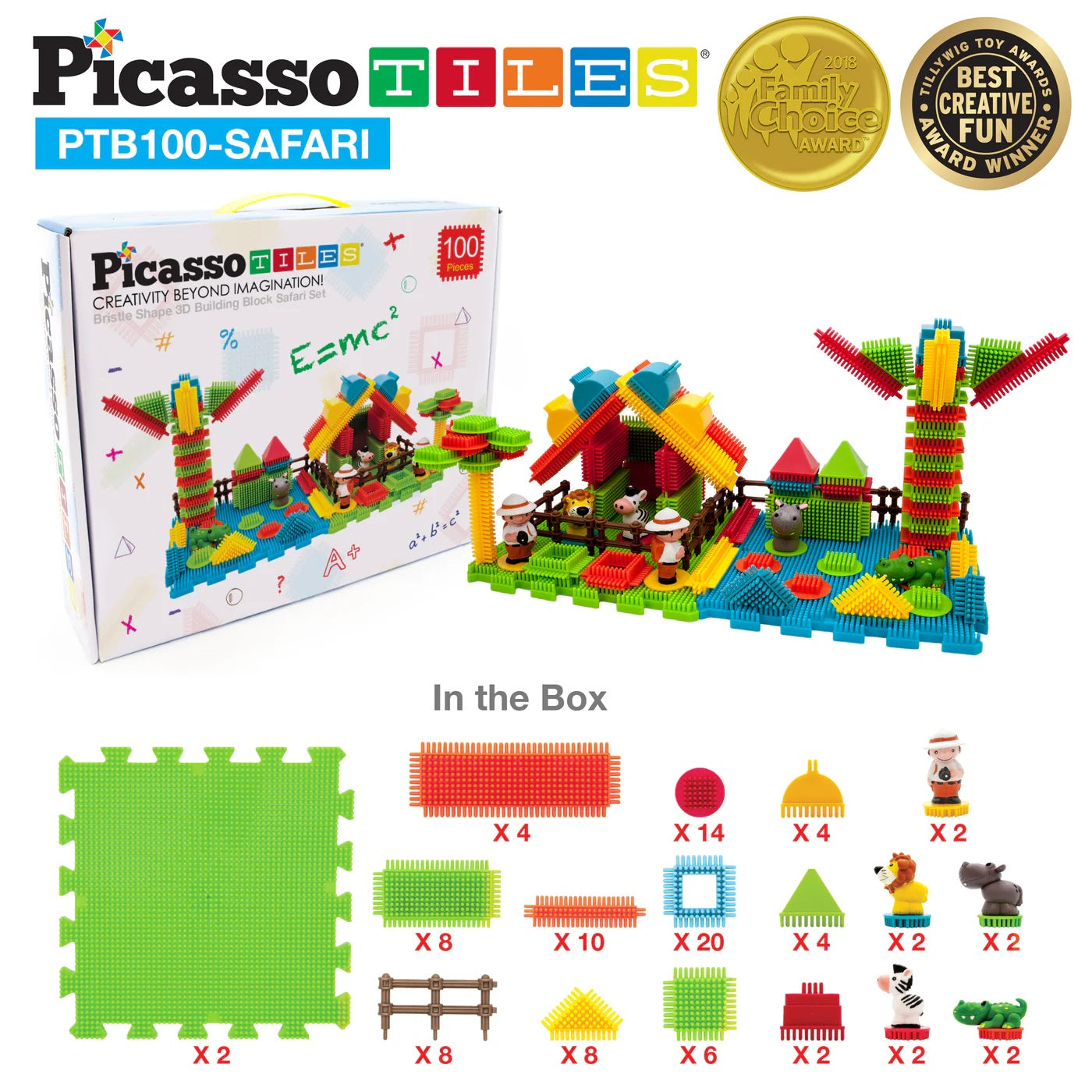 PicassoTiles Safari Theme Bristle Lock Hedgehog Building Block 100pc Set