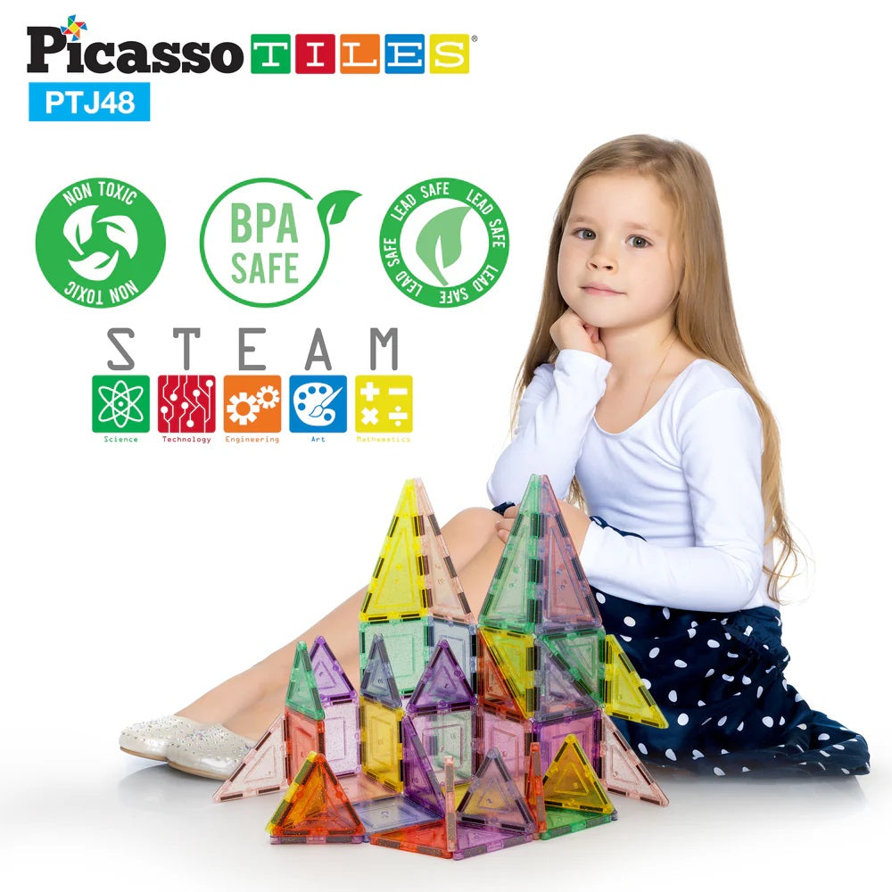 PicassoTiles Glitter Magnetic Tiles Building Set 48 Pieces