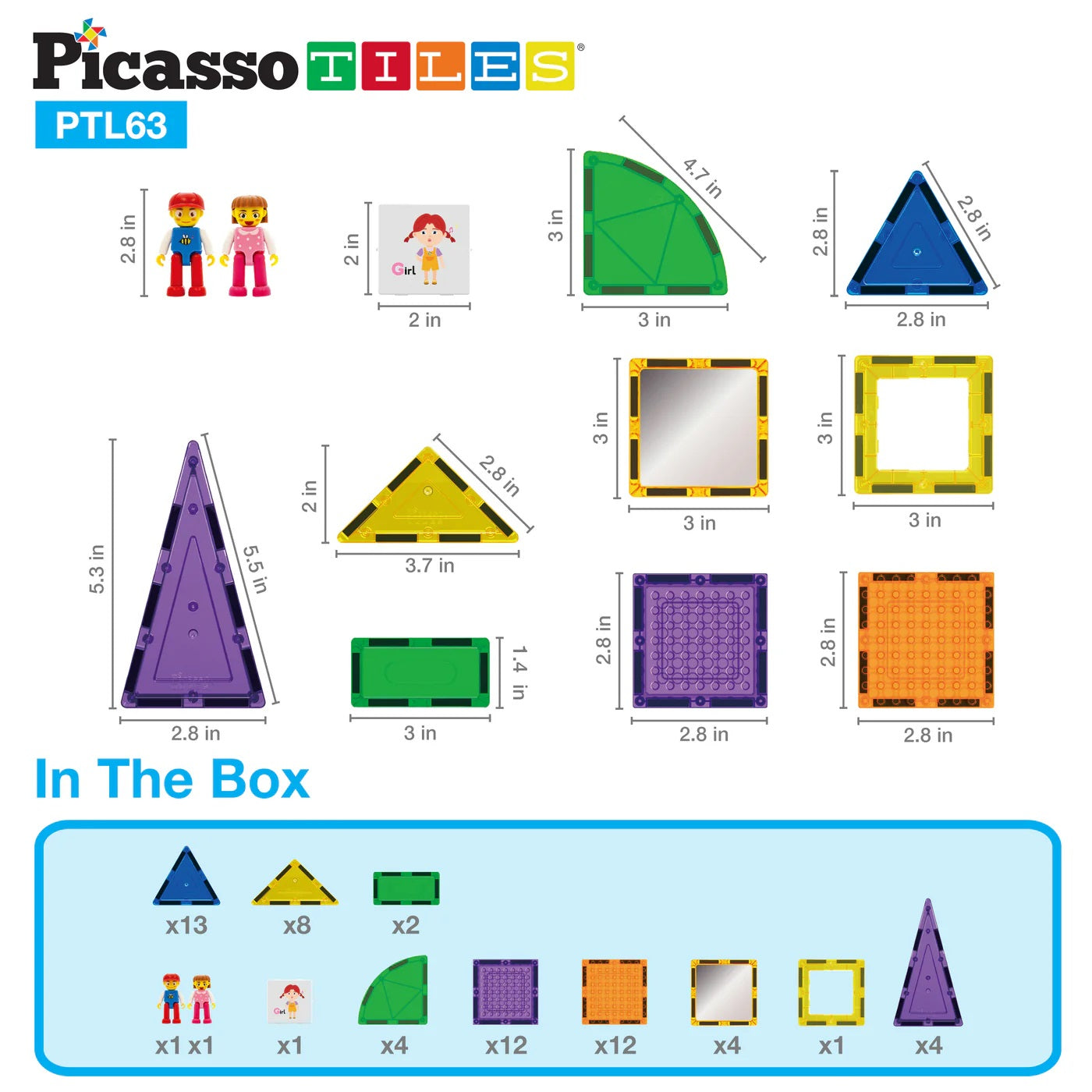 PicassoTiles Magnetic Tile Brick Blocks 63 Piece Set