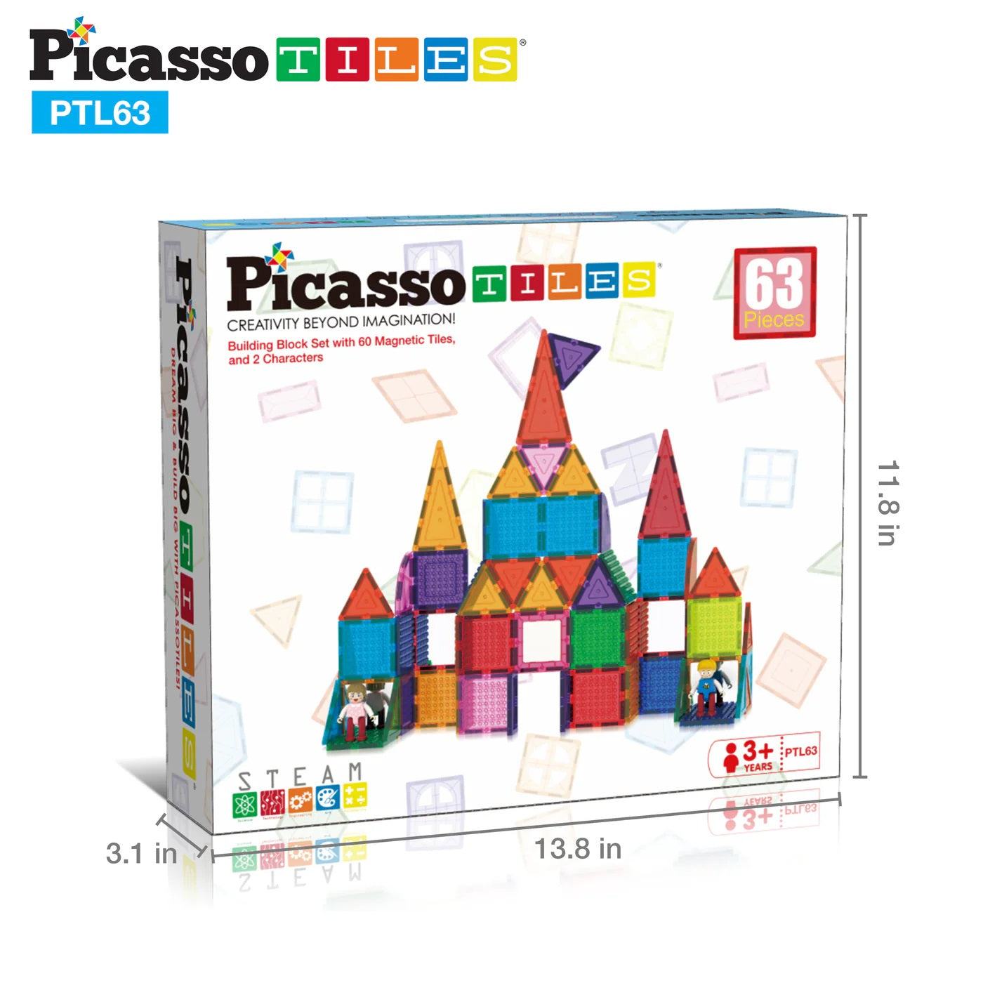 PicassoTiles Magnetic Tile Brick Blocks 63 Piece Set