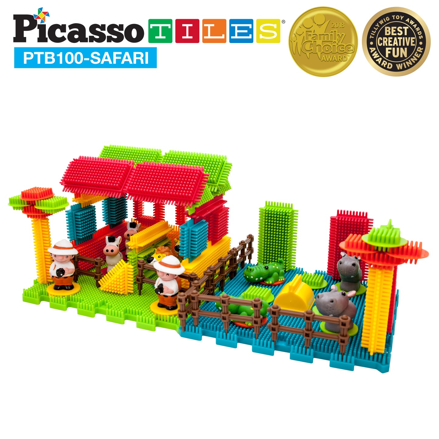 PicassoTiles Safari Theme Bristle Lock Hedgehog Building Block 100pc Set