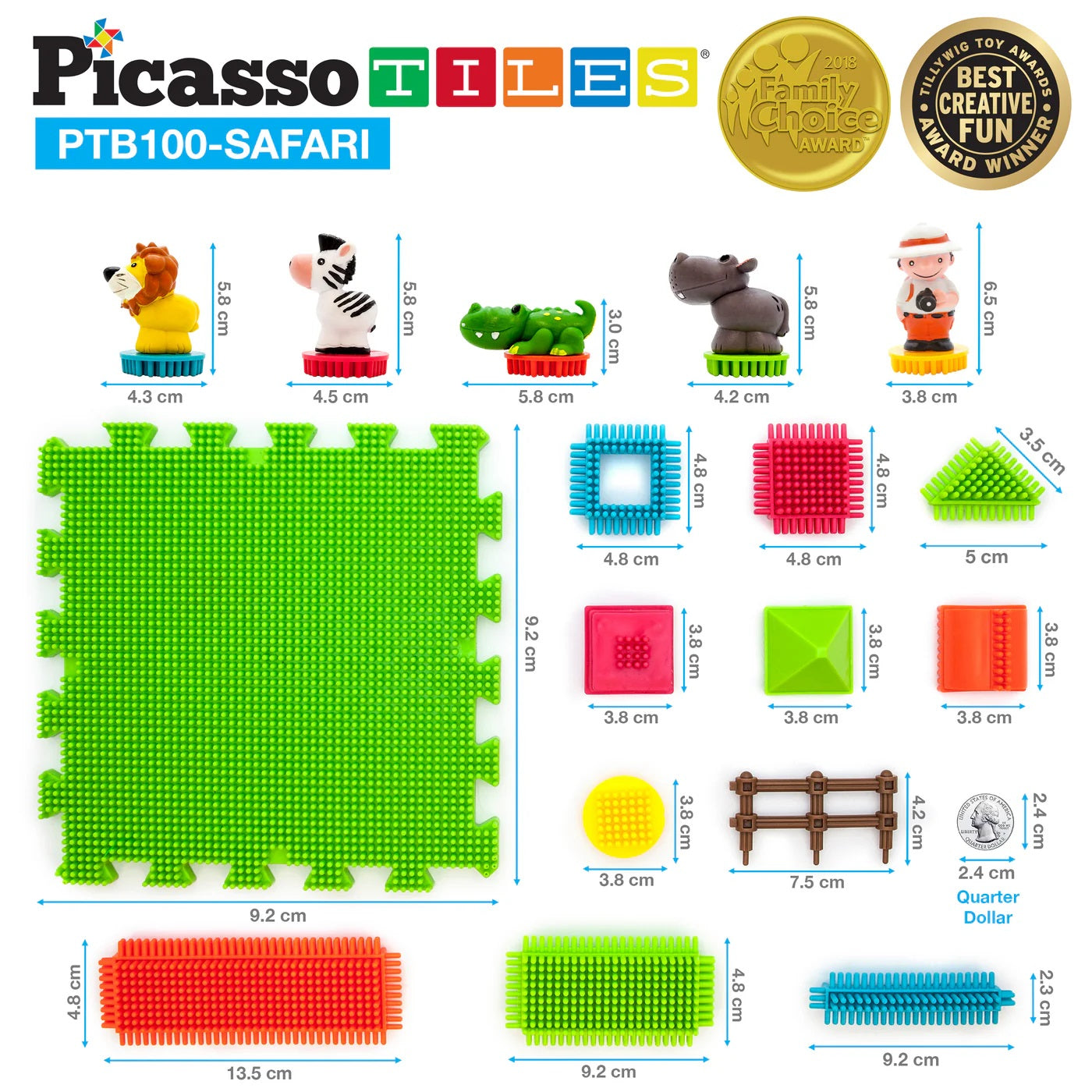 PicassoTiles Safari Theme Bristle Lock Hedgehog Building Block 100pc Set