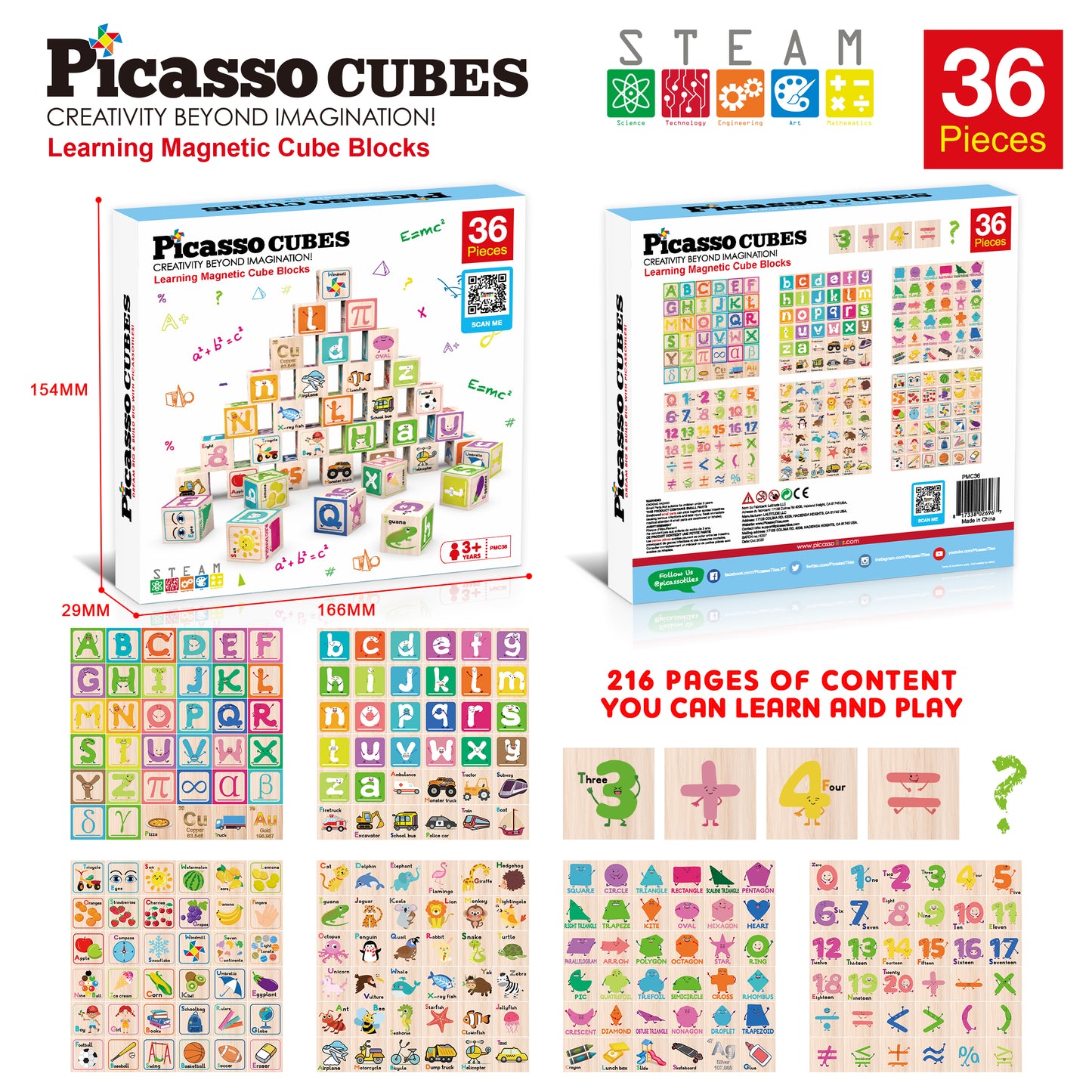 PicassoTiles Magnetic Cubes Alphabet & Numbers 36 Piece Set