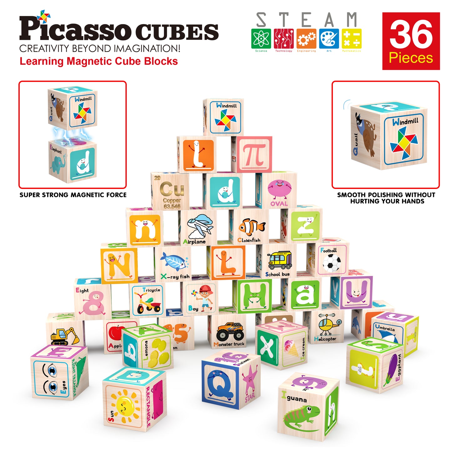 PicassoTiles Magnetic Cubes Alphabet & Numbers 36 Piece Set