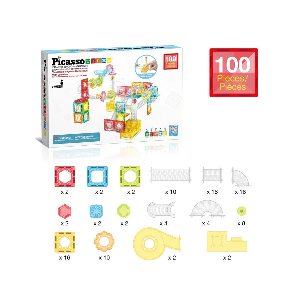 PicassoTiles Travel Sized Marble Run Playset 100 Pieces