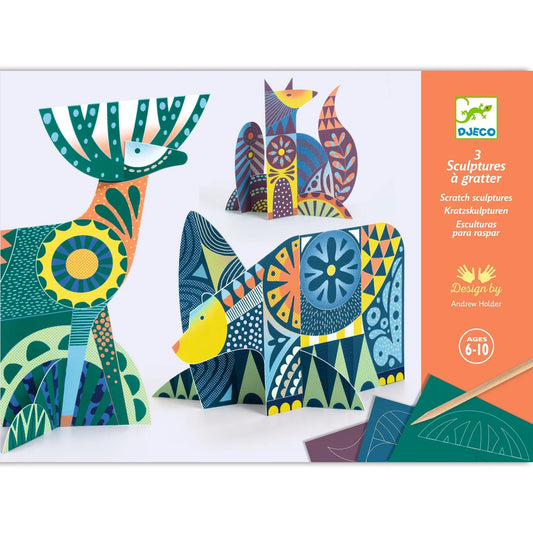 Djeco Folk Animal Scratch Card Sculptures Activity Set