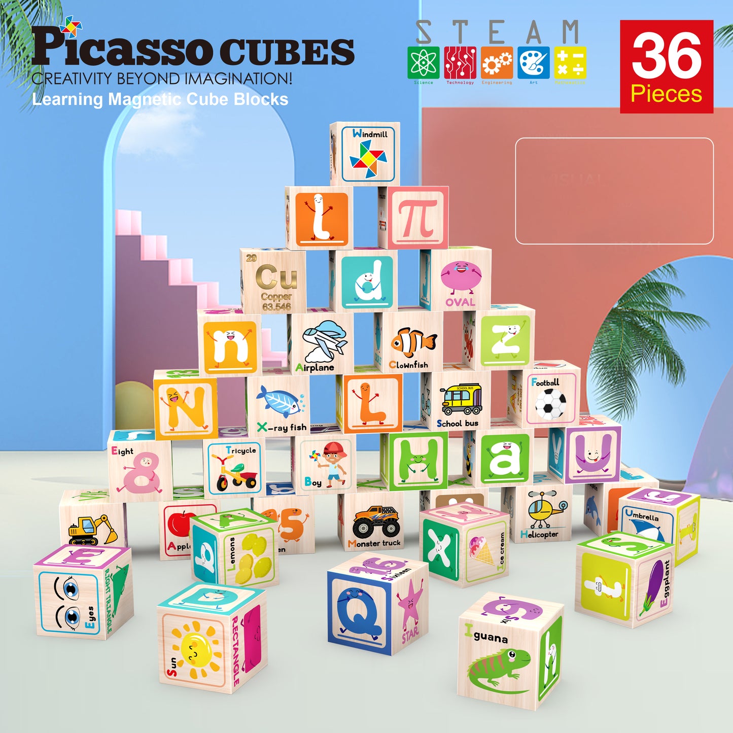 PicassoTiles Magnetic Cubes Alphabet & Numbers 36 Piece Set