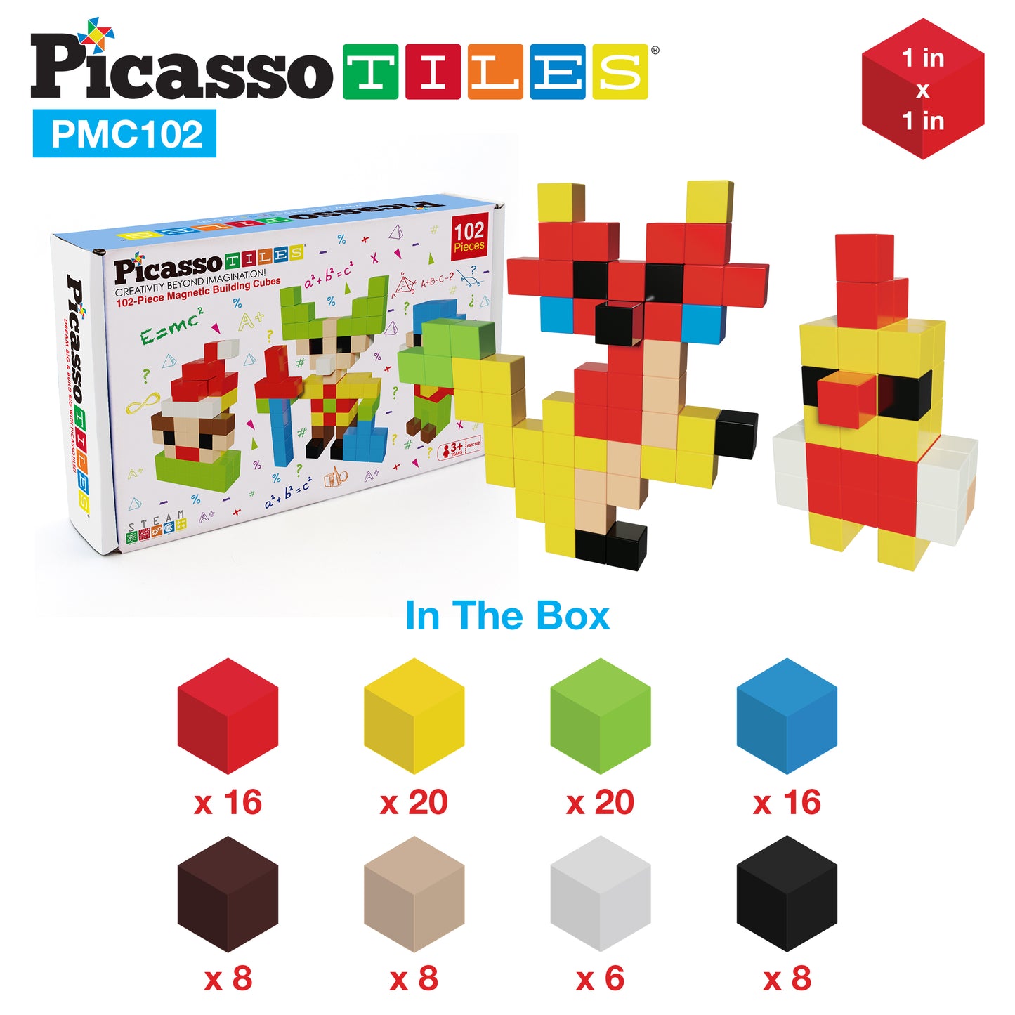 PicassoTiles Pixel Magnetic Puzzle Cube 102 Piece Set