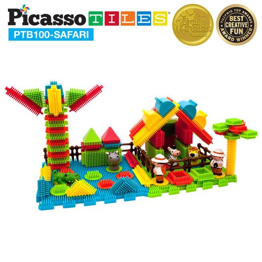 PicassoTiles Safari Theme Bristle Lock Hedgehog Building Block 100pc Set