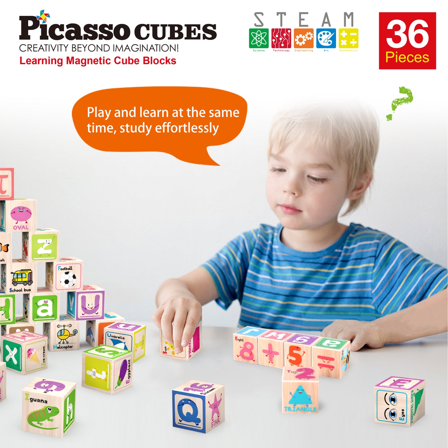 PicassoTiles Magnetic Cubes Alphabet & Numbers 36 Piece Set