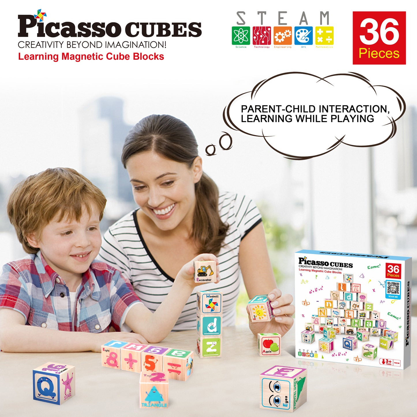 PicassoTiles Magnetic Cubes Alphabet & Numbers 36 Piece Set