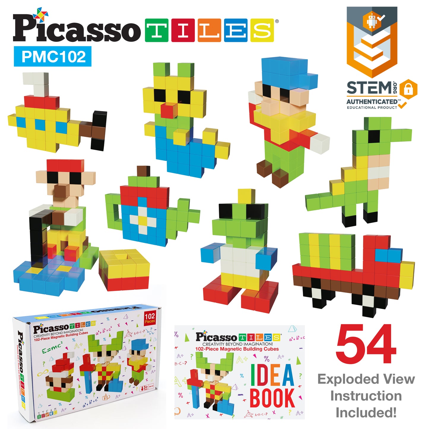 PicassoTiles Pixel Magnetic Puzzle Cube 102 Piece Set